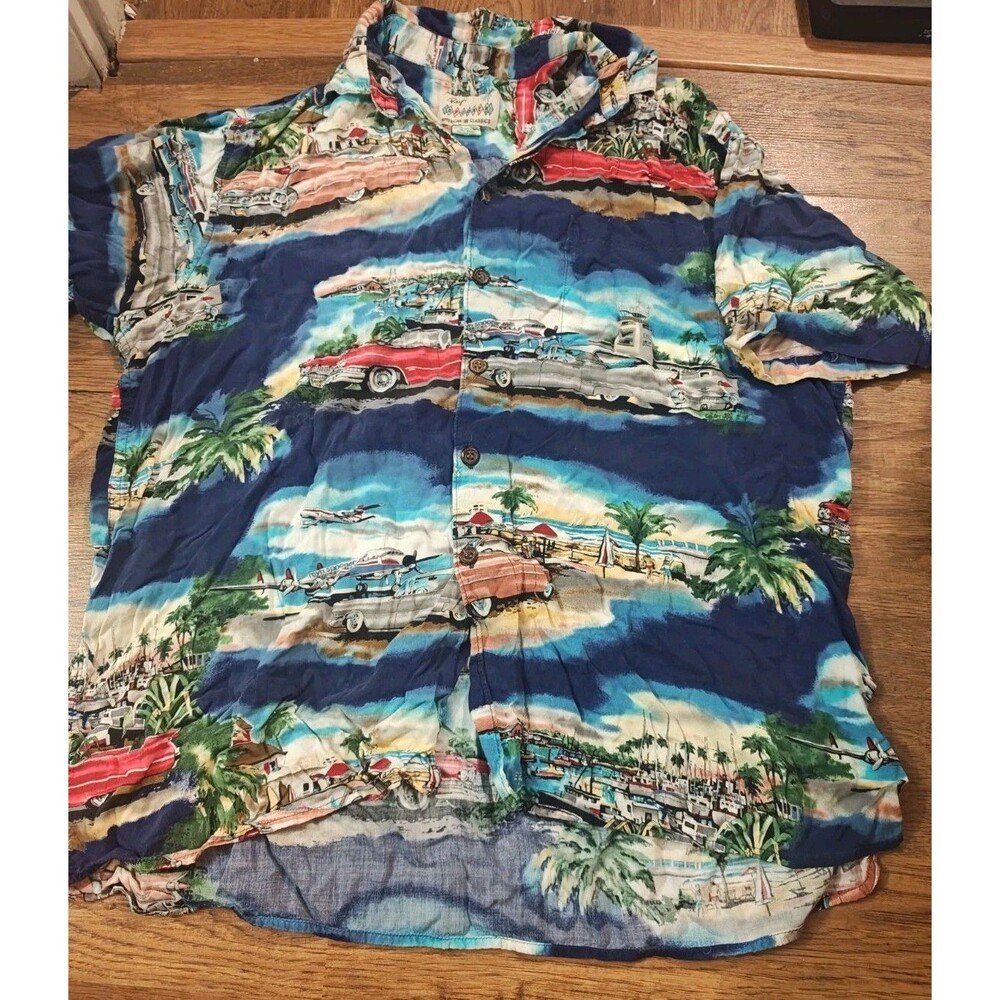 VTG 90s Reyn Spooner American Classics Cadillac Beach Cars Hawaiian Shirt Size L